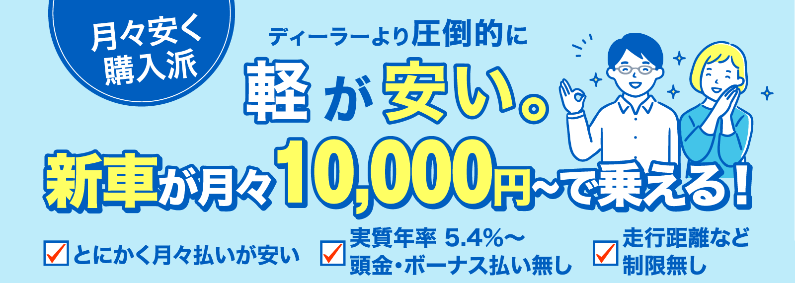 月々安く購入派　ディーラーより圧倒的に軽が安い。新車が月々10,000円〜で乗れる!　とにかく月々払いが安い／実質年率 5.4％～頭金・ボーナス払い無し／走行距離など制限無し
