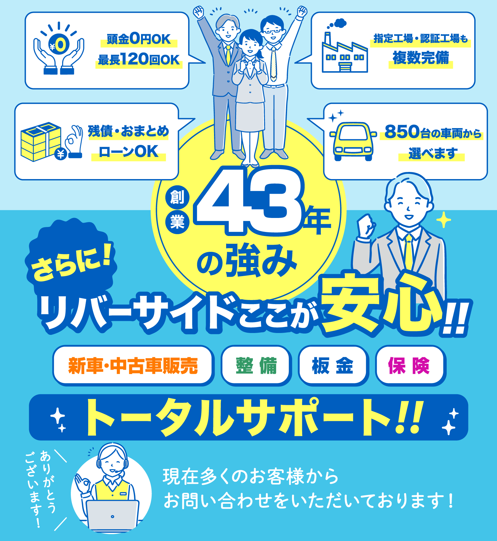 創業43年の強み　頭金0円OK最長120回OK／指定工場・認証工場も複数完備／残債・おまとめローンOK／850台の車両から選べます　さらにリバーサイドはここが安心！　新車・中古車販売・整備・板金・保険　トータルサポート 現在多くのお客様からお問い合わせをいただいております！